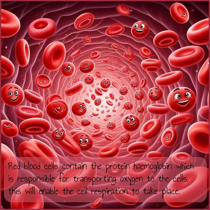 Cartoon style image to show that red blood cells contain haemoglobin and that they transport oxygen around the body